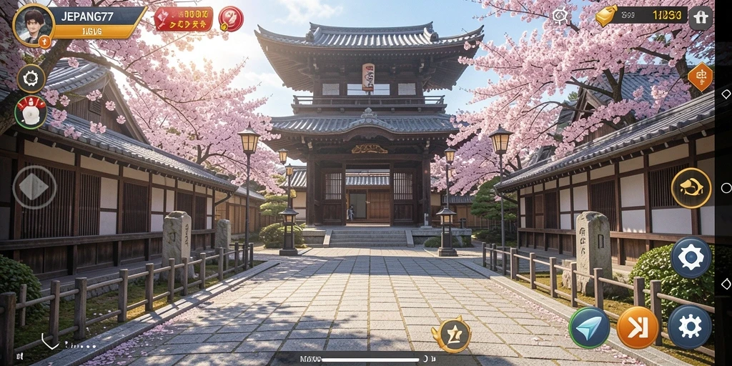 Screenshot gameplay JEPANG77 menampilkan interaksi karakter di Jepang.