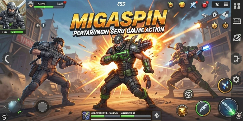 Tangkapan layar menunjukkan aksi seru dalam game MIGASPIN di tengah pertarungan.