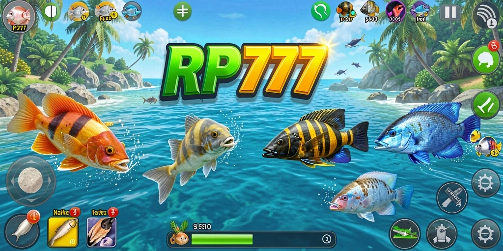 Gameplay RP777 dengan aksi menembak ikan yang seru.
